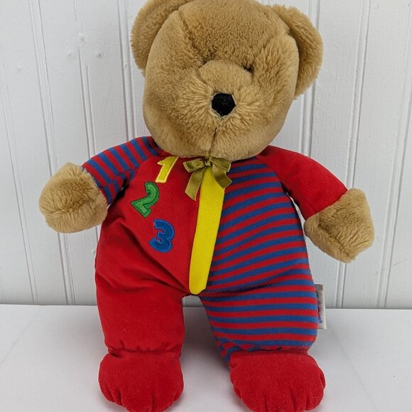 Vintage Eden Brown Teddy Bear Plush 12" Stuffed Animal 123 Red Blue Pajamas - Picture 1 of 11